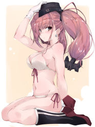 Rule 34 | 1girl, anchor hair ornament, arm up, atlanta (kancolle), bare arms, bare shoulders, black hat, blush, boots, bra, breasts, brown hair, commentary request, earrings, front-tie bra, garrison cap, gloves, grey eyes, groin, hair ornament, hat, jewelry, kantai collection, large breasts, long hair, looking at viewer, navel, panties, red ribbon, ribbon, rudder footwear, side-tie panties, simple background, sitting, skindentation, solo, star (symbol), star earrings, two side up, underwear, underwear only, wariza, white gloves, yumesato makura