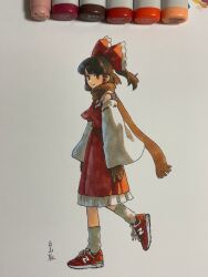 Rule 34 | 1girl, ankle socks, art tools in frame, ascot, bow, brown eyes, brown hair, brown scarf, detached sleeves, frilled bow, frilled hair tubes, frilled skirt, frills, from side, full body, hair bow, hair tubes, hakurei reimu, highres, looking at viewer, nontraditional miko, red ascot, red bow, red footwear, red shirt, red skirt, scarf, shiratama (hockey), shirt, shoes, skirt, skirt set, sleeveless, sleeveless shirt, sneakers, socks, solo, touhou, traditional media, walking, white background, white socks, wide sleeves