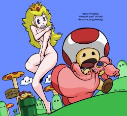 Rule 34 | 1girl, 2boys, bare arms, bare legs, barefoot, blonde hair, blue eyes, bottomless, bowser, breasts, cleavage, clenched teeth, clothed male nude female, clothes, unworn clothes, clothes theft, cloud, comic, commentary, covering privates, covering breasts, covering crotch, crown, day, dress, unworn dress, dutch angle, embarrassed, english text, female focus, flat color, hip focus, ian samson, legs, long hair, mario (series), midriff, monster, multiple boys, mushroom, new super mario bros. wii, nintendo, no bra, no panties, nude, nude cover, outdoors, princess peach, sky, super mario bros. 1, talking, teeth, theft, thighs, third-party edit, toad (mario), topless, underboob, voyeurism, warp pipe