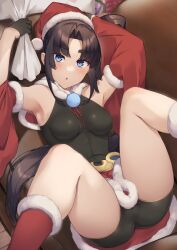 Rule 34 | 1girl, adapted costume, armpits, bag, black bodysuit, black gloves, black hair, blue eyes, bodysuit, breasts, capelet, christmas, detached sleeves, fate/grand order, fate (series), fur-trimmed capelet, fur-trimmed headwear, fur-trimmed skirt, fur-trimmed sleeves, fur trim, gloves, hair bun, hat, highres, holding, holding bag, light blush, long hair, looking at viewer, lying, medium breasts, mixed-language commentary, open mouth, parted bangs, pinta (ayashii bochi), pom pom (clothes), red capelet, red hat, red skirt, red sleeves, santa costume, santa hat, side ponytail, sidelocks, single side bun, skirt, solo, spread legs, thick eyebrows, thighs, ushiwakamaru (fate), ushiwakamaru (tour outfit) (fate), very long hair