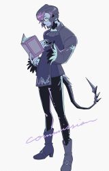 Rule 34 | 1boy, au ra, black footwear, black hair, black horns, black jacket, black pants, black scales, blue eyes, book, boots, closed mouth, collared jacket, colored tips, commentary, commission, english text, fake transparency, final fantasy, final fantasy xiv, glasses, hands up, highres, holding, holding book, horns, jacket, long sleeves, looking at viewer, low horns, male focus, multicolored hair, pants, purple hair, purple pupils, robodumpling, scales, smile, standing, symbol-only commentary, tail, two-tone hair, warrior of light (ff14), wide sleeves