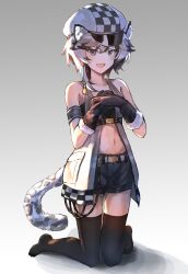 Rule 34 | 1girl, :d, absurdres, animal ears, arknights, armband, bandeau, bare shoulders, black gloves, black shorts, black thighhighs, cabbie hat, cliffheart (arknights), fang, gloves, grey eyes, grey hair, hat, highres, kneeling, leopard ears, leopard tail, looking at viewer, midriff, mmia, navel, no shoes, open mouth, revision, short hair, short shorts, shorts, sleeveless, smile, solo, stomach, tail, thighhighs
