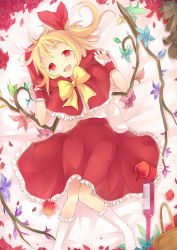 Rule 34 | 1girl, adapted costume, alternate wings, apple, basket, blonde hair, bottle, bow, capelet, dress, embodiment of scarlet devil, fang, female focus, flandre scarlet, flower, food, fred04142, fruit, hair ribbon, highres, kneehighs, looking at viewer, lying, on back, open mouth, red eyes, ribbon, rose, side ponytail, smile, socks, solo, touhou, white socks, wings, wrist cuffs