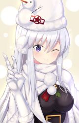 Rule 34 | 1girl, ;), azur lane, beanie, belt, belt buckle, black belt, black sweater, blush, buckle, capelet, closed mouth, commentary request, earmuffs, elbow gloves, enterprise (azur lane), enterprise (reindeer master) (azur lane), fur-trimmed capelet, fur-trimmed gloves, fur-trimmed headwear, fur trim, gloves, hair between eyes, hat, i.f.s.f, impossible clothes, impossible sweater, looking at viewer, one eye closed, pom pom (clothes), purple eyes, scarf, silver hair, smile, snowman, solo, sweater, v, white capelet, white gloves, white hat, white scarf