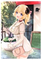 Rule 34 | 1girl, :d, ahoge, animal ears, bag, blonde hair, bow, bow choker, bowtie, bracelet, breasts, chalkboard, choker, day, dress, ex idol, from side, hair ornament, hair ribbon, hairclip, handbag, highres, hololive, horns, jewelry, large breasts, looking at viewer, looking to the side, open mouth, outdoors, ponytail, purple eyes, red bow, red choker, revision, ribbon, sailor collar, see-through, see-through sleeves, sheep ears, sheep horns, short sleeves, shoulder bag, smile, solo, sparkle, striped clothes, striped dress, tsunomaki watame, tsunomaki watame (street casual), twitter username, vertical-striped clothes, vertical-striped dress, virtual youtuber, white bow, white bowtie, white sailor collar