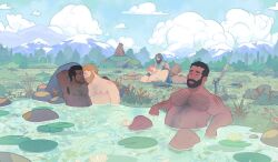 Rule 34 | 5boys, arm hair, armpit hair, armpits, axe, bara, bear, bear-shaped clouds, beard, bearscape, belly, blonde hair, blush, body freckles, chest hair, cloud, cloudy sky, completely nude, couple, dark-skinned male, dark skin, facial hair, fat, fat man, forehead-to-forehead, forest, freckles, hairy, heads together, highres, interracial, lake, large pectorals, lily pad, magic: the gathering, male focus, mature male, mountain, multiple boys, mustache, nature, navel hair, nipples, nude, official art, outdoors, pectorals, perspective, petals, pink hair, planted, planted axe, revision, ricardo bessa, shaped cloud, short hair, sky, stomach, topless male, tree, water, yaoi