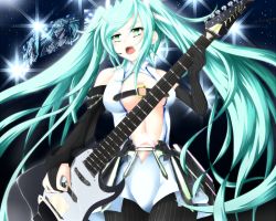 Rule 34 | 1girl, 7ban, black gloves, black pantyhose, bodysuit, breasts, cleavage, elbow gloves, electric guitar, gauntlets, gloves, green eyes, green hair, guitar, hatsune miku, instrument, lights, long hair, matching hair/eyes, microphone, midriff, monitor, navel, open mouth, pantyhose, plectrum, revealing clothes, solo, stage lights, striped clothes, striped gloves, striped pantyhose, twintails, vocaloid