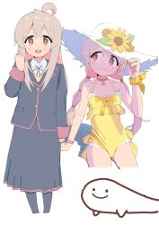 Rule 34 | 1girl, :d, absurdres, adjusting clothes, adjusting headwear, ahoge, blazer, bow, bracelet, braid, brown eyes, casual one-piece swimsuit, choker, collared shirt, flower, genderswap, genderswap (mtf), hat, hat flower, highres, jacket, jewelry, light brown hair, long sleeves, looking at viewer, mpoi, multiple views, one-piece swimsuit, onii-chan wa oshimai!, open mouth, oyama mahiro, pleated skirt, ribbon, shade, shirt, sideways glance, simple background, skirt, smile, sunflower, swimsuit, twin braids, white background, white shirt, wrist ribbon, yellow bow, yellow ribbon