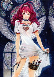 Rule 34 | 1girl, absurdres, bottomless, choker, clothes lift, curly hair, dagger, dress, dress lift, drill hair, fake wings, highres, isuzu emi, knife, oogure ito, pink hair, scan, see-through, solo, tenjou tenge, thigh strap, weapon, wings