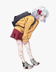Rule 34 | 1girl, absurdres, backpack, bag, bandaged leg, bandages, bandaid, black bag, braid, closed mouth, commentary, full body, genshin impact, green eyes, grey footwear, hair ribbon, highres, hyafumi, leaning forward, looking at viewer, nail polish, noelle (genshin impact), red nails, red ribbon, red skirt, ribbon, shirt, shoes, short hair, simple background, skirt, smile, sneakers, solo, white background, white hair, yellow shirt
