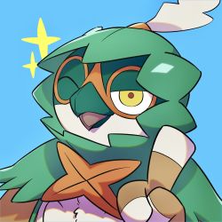 Rule 34 | blue background, commentary request, creatures (company), decidueye, game freak, gen 7 pokemon, highres, looking at viewer, nintendo, no humans, one eye closed, pkpokopoko3, pokemon, pokemon (creature), red pupils, second-party source, simple background, solo, sparkle, upper body, yellow eyes