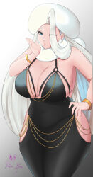 1girl alternate_costume artist_name bare_arms bare_shoulders black_dress blonde_hair blowing_kiss blue_eyes breasts cleavage creatures_(company) dress earrings fur_collar fur_hat game_freak halter_dress halterneck hand_on_own_hip hand_up hat highres hip_vent jewelry large_breasts long_hair mature_female melony_(pokemon) multicolored_hair nintendo one_eye_closed pearl_earrings pokemon pokemon_swsh ring rinku_bny solo spaghetti_strap streaked_hair taut_clothes taut_dress ushanka wedding_ring