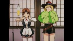 Rule 34 | 00s, 2girls, animated, animated gif, apron, belt, blonde hair, bouncing breasts, breasts, brown hair, carrie white, cheering, cleavage, cowboy hat, female focus, hat, headband, honoo no labyrinth, injection, intravenous drip, kasumi (honoo no labyrinth), kicking, labyrinth of flames, large breasts, legs, long shirt, maid, miniskirt, multiple girls, panties, pantyshot, pom pom (cheerleading), screencap, shirt, short hair, shouting, skirt, socks, thighhighs, underwear, waist apron, cowboy western, white panties