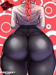 Rule 34 | 1girl, abstract background, artist name, ass, back, black pants, braid, cameltoe, chainsaw man, crossed arms, highres, huge ass, long hair, long sleeves, makima (chainsaw man), pants, pentakky-sugoi, red hair, shirt, shirt tucked in, solo, thick thighs, thighs, tight clothes, tight pants, white shirt, wide hips