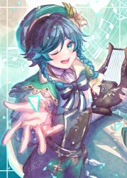 Rule 34 | 1boy, black hair, blue hair, blush, bow, braid, cape, flower, gem, genshin impact, gradient hair, green eyes, green hat, hair flower, hair ornament, hat, highres, holding, holding instrument, instrument, ittokyu, jewelry, leaf, long sleeves, looking at viewer, lyre, male focus, multicolored hair, musical note, one eye closed, open mouth, outstretched arm, smile, solo, trap, triangle, twin braids, venti (genshin impact), white flower