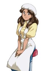 Rule 34 | 1girl, apron, blouse, breasts, brown eyes, brown hair, chair, commentary request, fushigi no umi no nadia, hat, ikolina (nadia), langerhans 2016, long hair, official style, retro artstyle, shirt, skirt, smile, solo, tan