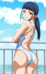 Rule 34 | 1girl, ass, black hair, blue sky, blunt bangs, blurry, blurry background, brown eyes, cloud, commentary request, competition swimsuit, cowboy shot, day, long hair, looking at viewer, looking back, low ponytail, monteriakitto, one-piece swimsuit, original, outdoors, sky, smile, solo, standing, swimsuit, white one-piece swimsuit