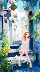 Rule 34 | 1girl, alley, arm support, arms at sides, artist name, bag, blue eyes, brown hair, building, cat, closed mouth, commentary request, dated, day, dress, green footwear, highres, leaf, leaning to the side, light smile, long hair, looking at viewer, maij, no pupils, original, outdoors, plant, potted plant, sandals, shoes, shoulder bag, sign, sitting, sitting on stairs, sleeveless, sleeveless dress, smile, solo, stairs, storefront, sunlight, swept bangs, white cat, white dress, window