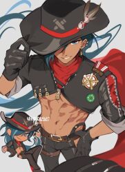 Rule 34 | 1boy, arm up, artist name, belt, blue eyes, blue hair, boothill (honkai: star rail), boothill (honkai: star rail) (cosplay), chibi, chibi inset, closed mouth, cosplay, cowboy hat, crop top, cropped jacket, dark-skinned male, dark skin, ear piercing, genshin impact, gloves, hair over one eye, hand on headwear, hand on own hip, hat, hip vent, honkai: star rail, honkai (series), jacket, kaeya (genshin impact), long hair, looking at viewer, male focus, multiple views, navel, pants, parted lips, piercing, red scarf, revealing clothes, scarf, smile, stomach, toned, toned male, very long hair, whirldraws, zipper, zipper pull tab