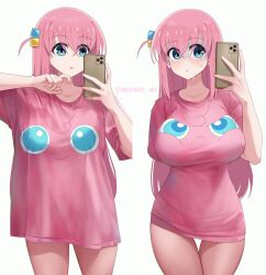 Rule 34 | absurdres, artist name, blue eyes, bocchi the rock!, breasts, cellphone, character print, commentary, english commentary, flushed face emoji shirt (meme), gen 1 pokemon, gotoh hitori, hand up, highres, holding, holding phone, inkspirate, instagram logo, instagram username, jigglypuff, large breasts, meme, phone, pink shirt, selfie, shirt, simple background, smartphone, sweat, thighs, white background