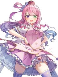 Rule 34 | 1girl, blush, bow, breasts, candy hair ornament, cowboy shot, crown, dress, food, food-themed hair ornament, frilled dress, frills, gradient hair, green eyes, hair ornament, hair rings, hands on own hips, heterochromia, highres, himemori luna, himemori luna (1st costume), hololive, jewelry, kito koruta, layered dress, long hair, looking at viewer, macaron, mini crown, multicolored hair, one side up, open mouth, pink hair, princess, purple eyes, purple hair, sidelocks, simple background, solo, thighhighs, virtual youtuber, wavy hair, white background