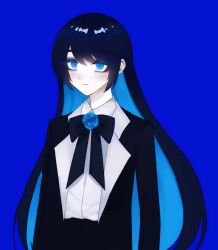 Rule 34 | 1girl, ado (ado1024imokenp), ado (utaite), black bow, black bowtie, black coat, black pants, blue background, blue eyes, blue flower, blue hair, blue rose, bow, bowtie, chando (ado), coat, collared shirt, colored inner hair, commentary request, cowboy shot, dress shirt, flower, flower brooch, highres, long hair, mole, multicolored hair, open clothes, open coat, pants, rose, self-portrait, shirt, simple background, solo, two-tone hair, utaite, white shirt