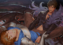 Rule 34 | 2boys, armor, bara, belial (granblue fantasy), black hair, black jacket, brown hair, brown pants, chest armor, clenched teeth, closed eyes, demon wings, evil smile, feather boa, gauntlets, gran (granblue fantasy), granblue fantasy, imminent anal, imminent penetration, jacket, large pectorals, looking at another, male focus, multiple boys, muscular, muscular male, navel, pants, pectorals, penguin frontier, short hair, smile, teeth, wings, yaoi