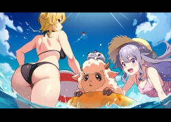Rule 34 | 2girls, ass, ball, bare shoulders, beachball, bikini, black bikini, blonde hair, blue sky, breasts, casual one-piece swimsuit, center-flap bangs, character request, closed mouth, cloud, commentary request, day, double-parted bangs, flying, gradient hair, hair between eyes, hair flaps, hat, highres, hololive, hololive english, hololive indonesia, innertube, jewel under eye, kaela kovalskia, kaela kovalskia (penguin), koseki bijou, large breasts, letterboxed, long hair, looking back, median furrow, multicolored hair, multiple girls, one-piece swimsuit, open mouth, outdoors, pebble (koseki bijou), pink hair, popo (popo0cat), profile, purple eyes, purple hair, purple one-piece swimsuit, red eyes, sheep, short hair, shoulder blades, sidelocks, simple bird, sky, small breasts, smile, straw hat, sunlight, swimsuit, v-shaped eyebrows, virtual youtuber, water