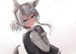 Rule 34 | 1girl, absurdres, animal ear fluff, animal ears, animal hands, asymmetrical hair, dress shirt, fake animal ears, fake tail, flipped hair, gloves, grey eyes, hair between eyes, hands on own chest, highres, kantai collection, long hair, long sleeves, nowaki (kancolle), paw gloves, shirt, silver hair, solo, swept bangs, tail, upper body, vest, white background, wolf ears, wolf tail, yashiro