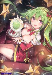 Rule 34 | 1girl, absurdres, antlers, bell, bow, bowtie, breasts, cleavage, detached collar, detached sleeves, dress, female focus, food, fruit, green hair, hair ribbon, highres, horns, indoors, jingle bell, large breasts, long hair, looking at viewer, melon, melonbooks, purple eyes, red dress, reindeer antlers, ribbon, scan, sitting, smile, solo, sparkle, star (symbol), twintails, yuran