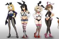 Rule 34 | 5girls, alternate costume, animal ears, ass, black hair, black leotard, black neckerchief, black panties, black shorts, blonde hair, blue eyes, blue skirt, breasts, brown eyes, brown hair, colorado (kancolle), cosplay, crop top, elbow gloves, fake animal ears, fake tail, fishnet legwear, fishnets, flipped hair, gloves, gradient background, grey eyes, high heels, highleg, highleg panties, highres, kantai collection, large breasts, leotard, long hair, long sleeves, meme attire, micro shorts, microskirt, multiple girls, mutsu (kancolle), nagato (kancolle), navel, neckerchief, nelson (kancolle), panties, pantyhose, pink footwear, pink gloves, playboy bunny, pleated skirt, rabbit ears, rabbit tail, red footwear, revealing clothes, reverse bunnysuit, reverse outfit, sailor collar, shimakaze (kancolle), shimakaze (kancolle) (cosplay), short hair, shorts, skirt, striped clothes, striped legwear, striped thighhighs, suspender shorts, suspenders, tail, thighhighs, thong, tsun&#039;ichi (tsun1), underwear, white gloves, wrist cuffs