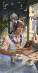 Rule 34 | 1boy, alternate costume, animal, arm rest, aymeric de borel, bishounen, black hair, blue eyes, coffee cup, cup, day, disposable cup, drink, earrings, elezen, elf, final fantasy, final fantasy xiv, fire hydrant, fox, half-closed eyes, highres, holding, holding menu, holding spoon, indoors, jewelry, lips, looking at another, looking at object, male focus, menu, messy hair, parted lips, pointy ears, reading, saucer, shirt, short hair, single earring, solo focus, spoon, staring, table, tablecloth, tibetan sand fox, window, zxin