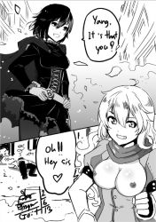 Rule 34 | 2girls, breasts, english text, monochrome, multiple girls, nipples, ruby rose, rwby, smile, yang xiao long