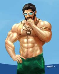 Rule 34 | 1boy, abs, arm hair, bad deviantart id, bad id, bara, beard, black hair, blue background, bulge, chest hair, facial hair, finger under clothes, food, food on body, food on pectorals, glasses, graves (league of legends), green male swimwear, hair slicked back, hairy, highres, ice cream, jewelry, large pectorals, league of legends, male focus, male swimwear, mature male, muscular, muscular male, navel, navel hair, necklace, nipples, official alternate costume, opaque glasses, open fly, pectorals, short hair, sideburns, solo, standing, stomach, sunglasses, swim trunks, thick eyebrows, thick thighs, thighs, topless male, yecow