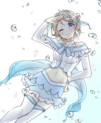 Rule 34 | 1girl, aqua skirt, aquarium, artist name, artist request, azusa you, bare shoulders, blue bow, blue eyes, blush, bow, bowtie, breasts, bubble, capelet, crop top, detached sleeves, dress, earrings, female focus, frilled capelet, frills, grey hair, hair bow, hair ornament, hand on own hip, highres, jewelry, koi ni naritai aquarium, light brown hair, looking at viewer, love live!, love live! sunshine!!, medium breasts, navel, ocean, off-shoulder dress, off shoulder, one eye closed, outstretched arms, parted lips, ribbon, sakura anzu, salute, short hair, skirt, small breasts, smile, solo, striped bow, striped bowtie, striped clothes, thighhighs, tiara, underwater, watanabe you, white background, white bow, white ribbon, white thighhighs