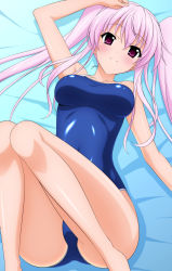 Rule 34 | 1girl, absurdres, blush, competition school swimsuit, eyelashes, highres, long hair, lying, one-piece swimsuit, original, pink hair, purple eyes, school swimsuit, smile, solo, sugimura tomokazu, swimsuit, twintails