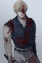 Rule 34 | 1boy, belt, black belt, blonde hair, blood, blood on clothes, blood on face, blue eyes, blue shirt, collared shirt, cowboy shot, gnb01, grey pants, hair down, highres, holding, holding weapon, jujutsu kaisen, looking at viewer, male focus, nanami kento, pants, shirt, solo, standing, torn sleeve, weapon