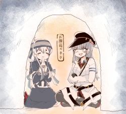 Rule 34 | 2girls, ainu clothes, bad id, bad twitter id, belt, black legwear, blue hair, blush, boots, breasts, brown gloves, closed eyes, dress, eating, food, full body, gangut (kancolle), gloves, grey hair, hair between eyes, hat, headband, igloo, itomugi-kun, jacket, kamoi (kancolle), kantai collection, large breasts, long hair, looking at another, medium breasts, military, military uniform, mochi, multicolored hair, multiple girls, naval uniform, open mouth, pantyhose, peaked cap, ponytail, red shirt, seiza, shirt, shoes, simple background, sitting, snow shelter, translation request, uniform, wavy mouth, white hair