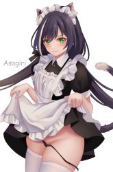 Rule 34 | 1girl, alternate costume, animal ear fluff, animal ears, apron, apron lift, artist name, asagiri ai, black dress, black hair, black panties, blush, cat ears, cat tail, clothes lift, cowboy shot, dress, dress lift, enmaided, green eyes, groin, half-closed eyes, karyl (princess connect!), lifting own clothes, looking at viewer, low twintails, maid, maid apron, maid headdress, panties, princess connect!, puffy short sleeves, puffy sleeves, short sleeves, side-tie panties, simple background, skindentation, solo, striped clothes, striped panties, tail, thick thighs, thighhighs, thighs, twintails, underwear, untied panties, white background, white thighhighs