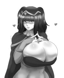 Rule 34 | 1girl, blush, breasts, cleavage, embarrassed, fire emblem, fire emblem awakening, heart, huge breasts, jujunaught, looking at viewer, monochrome, nintendo, simple background, solo, tharja (fire emblem), white background