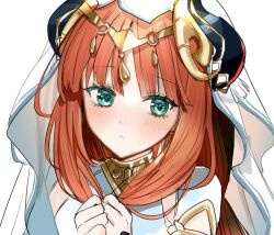 Rule 34 | 1girl, :&lt;, absurdres, aqua eyes, blush, closed mouth, commentary request, crop top, fake horns, genshin impact, gold trim, highres, horns, kumo tabetai, looking at viewer, nilou (genshin impact), parted bangs, red hair, simple background, sketch, solo, upper body, white background, white headwear