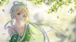 Rule 34 | 1girl, absurdres, breasts, cleavage, eyelashes, frown, green eyes, hair rings, head tilt, highres, japanese clothes, kappa, kimono, long hair, luo tianyi, medium breasts, off shoulder, plant, shan-n, silver hair, solo, vocaloid