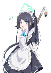 Rule 34 | 1girl, absurdres, apron, aqua halo, aris (blue archive), aris (maid) (blue archive), arms behind back, black dress, black hair, blue archive, blue eyes, blue ribbon, blush, collared dress, commentary request, cowboy shot, dress, green halo, halo, highres, long hair, looking at viewer, maid, musical note, neck ribbon, neranainerune, official alternate costume, open mouth, partial commentary, ponytail, puffy short sleeves, puffy sleeves, rectangular halo, ribbon, short sleeves, sidelocks, simple background, solo, standing, toy robot, very long hair, white apron, white background