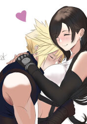 Rule 34 | 1boy, 1girl, absurdres, arialla draws, bare shoulders, black gloves, black hair, black skirt, blonde hair, blue sweater, blush, breast pillow, breasts, closed eyes, closed mouth, cloud strife, couple, crop top, earrings, final fantasy, final fantasy vii, final fantasy vii ever crisis, final fantasy vii rebirth, final fantasy vii remake, fingerless gloves, from side, gloves, hair behind ear, hands on another&#039;s back, heart, highres, hug, jewelry, large breasts, long hair, midriff, ribbed sweater, short hair, signature, simple background, single earring, skirt, sleeveless, sleeveless turtleneck, smile, spiked hair, suspender skirt, suspenders, sweater, swept bangs, tank top, tifa lockhart, turtleneck, turtleneck sweater, upper body, white tank top