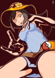 Rule 34 | 1girl, \m/, bare arms, bare shoulders, black hair, blue dress, breasts, chawalit adsawawalanon, cleavage, closed mouth, creatures (company), dress, eyewear on head, fingernails, flower, game freak, hat, hat flower, highres, long hair, looking at viewer, medium breasts, nintendo, npc trainer, orange eyes, outline, poke ball, poke ball (basic), pokemon, pokemon sm, red background, short dress, sightseer (pokemon), sitting, smile, solo, strapless, strapless dress, sun hat, sunglasses, thighs, tongue, tongue out, wariza