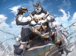 Rule 34 | 1boy, abs, bandaged foot, bandages, bara, bare pectorals, beard, biceps, black hair, blue sky, cloud, cloudy sky, commission, dagger, dog boy, facial hair, flexing, furry, furry male, grey fur, hood, hood down, jewelry, knife, large pectorals, leather, looking at viewer, male focus, muscular, muscular male, necklace, nipples, o-ring, o-ring top, original, pectorals, rainbow, short hair, sky, smile, solo, tekkowang, thick eyebrows, tooth necklace, water drop, watermark, weapon