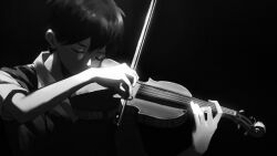 Rule 34 | 1boy, black background, black hair, black sweater vest, bow (music), closed eyes, collared shirt, highres, holding, holding bow (music), holding instrument, holding violin, instrument, omori, shirt, short hair, simple background, solo, spoilers, sunny (omori), sweater vest, upper body, violin, white shirt, ye (pixiv4862539)