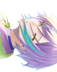 Rule 34 | 1boy, absurdres, aqua hair, closed mouth, commentary, highres, kamishiro rui, male focus, multicolored hair, neck ribbon, portrait, project sekai, purple hair, ribbon, short hair, sideways, simple background, solo, streaked hair, white background, yellow eyes, yellow ribbon, yk62