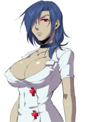 Rule 34 | 1girl, bad id, bad pixiv id, blue hair, breasts, choker, cleavage, collarbone, ganno, hair down, large breasts, looking at viewer, no headwear, red eyes, scar, scar across eye, scar on face, skullgirls, solo, symbol-shaped pupils, upper body, valentine (skullgirls), white background
