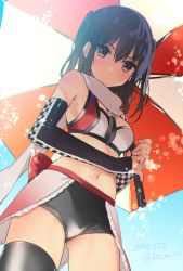 Rule 34 | 1girl, adapted costume, arm warmers, bare shoulders, black necktie, black shorts, black thighhighs, blush, breasts, brown eyes, brown hair, closed mouth, cowboy shot, crop top, dated, frills, from below, hair between eyes, hair ornament, holding, holding umbrella, kantai collection, koruri, light particles, looking at viewer, midriff, navel, necktie, race queen, scarf, sendai (kancolle), sendai kai ni (kancolle), short necktie, short shorts, shorts, sleeveless, small breasts, solo, stomach, thighhighs, twitter username, two side up, umbrella, v-shaped eyebrows, white scarf